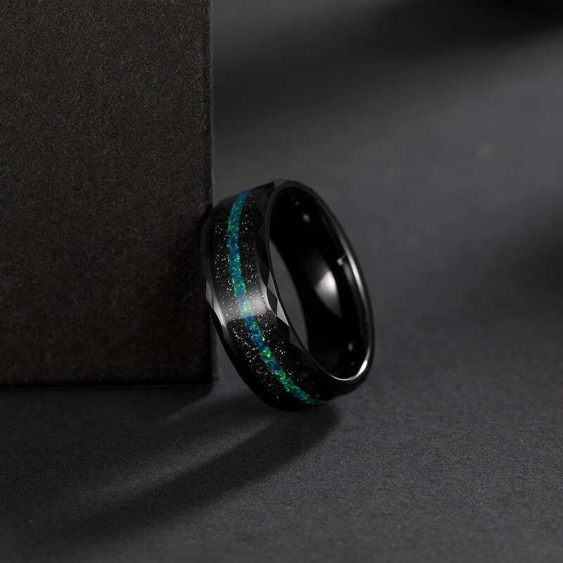 TIGRADE-Bandas de boda de tungsteno para hombre, 8MM, borde multifacético con arena negra y ópalo verde-azul, anillos de boda con incrustaciones, ajuste cómodo