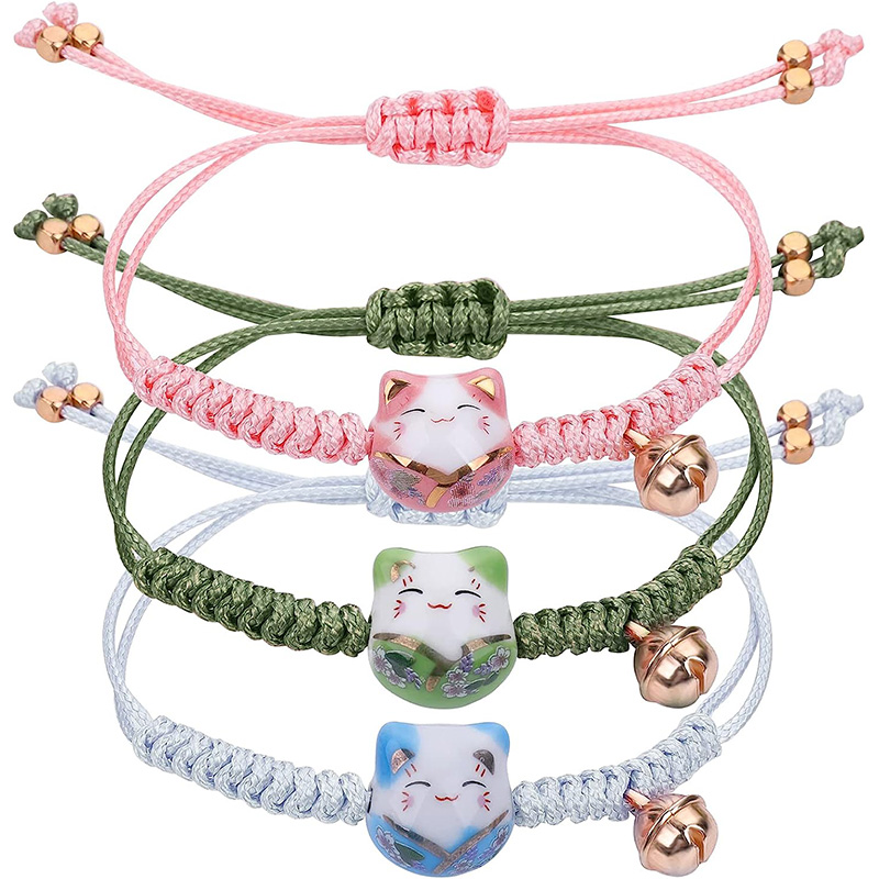 3 Stuks Kat Maneki Neko Armband Schattige Lucky Cat Keramische Kralen Armband Fortune String Bedelarmbanden Met Bel Verstelbaar