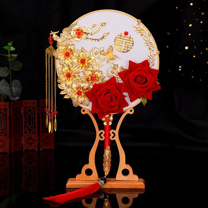 PEORCHID Gold Brooch Wedding flowers Bridal Bouquets Red Rose Chinese Style Flower Round Fan Bouquet Bridesmaid