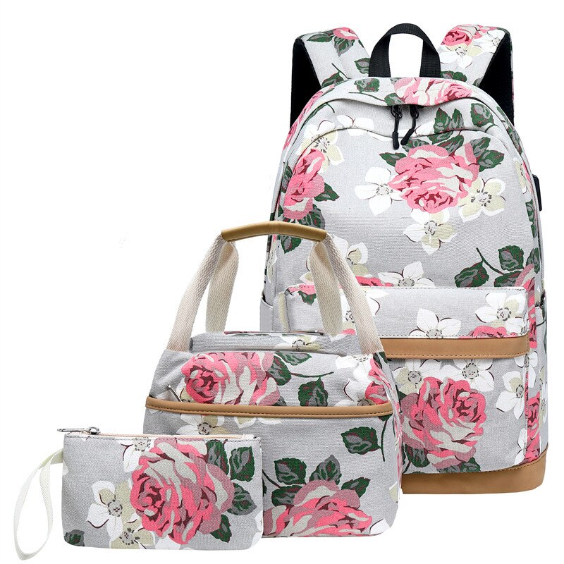Bloemen Meisjes Rugzak voor School Lichtgewicht Bookbags Satchel College Tassen Tiener Meisjes Kids Schooltas Set Vrouwen Reizen Dagrugzak: X625 Gray 1 Set