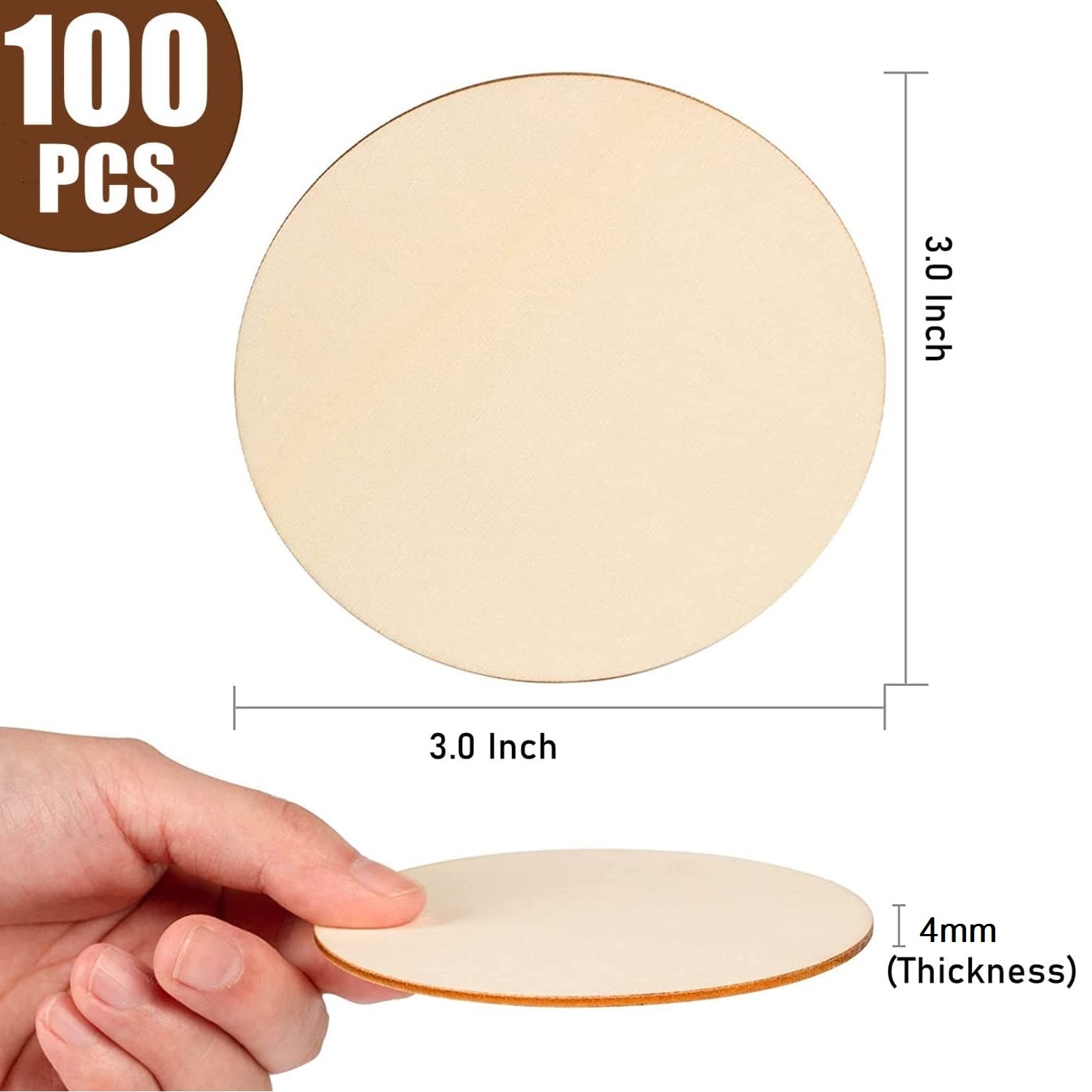 100 Pcs Round Wooden Disc Cutouts Blank Round Wood Circle Slices for DIY Crafts Engraving, Coasters, Home Decor(4mm Thickness): PINE