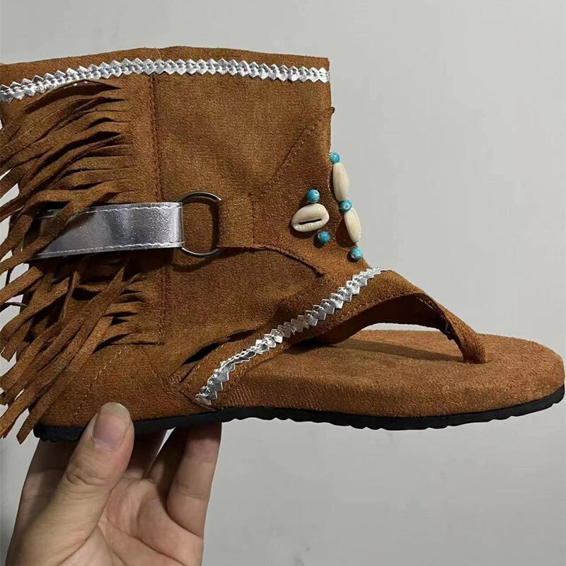 Sandalias Retro con flecos y flores para mujer, zapatos informales de playa, chanclas de verano,: Brown A / 42