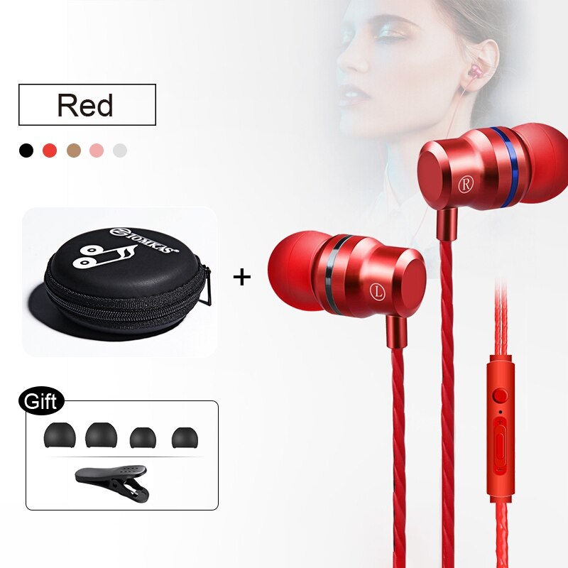 TOMKAS Universal Headphones 3.5mm In Ear Stereo Earbuds For Xiaomi Sport Wired Earphone For Mobile Phone fone de ouvido: Red with Box