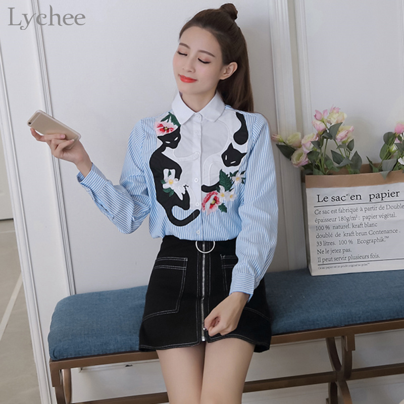 Lychee Mori Girl Women Blouse Cat Flower Embroidery Stripe Casual Loose Long Sleeve Spring Autumn Shirt Tops