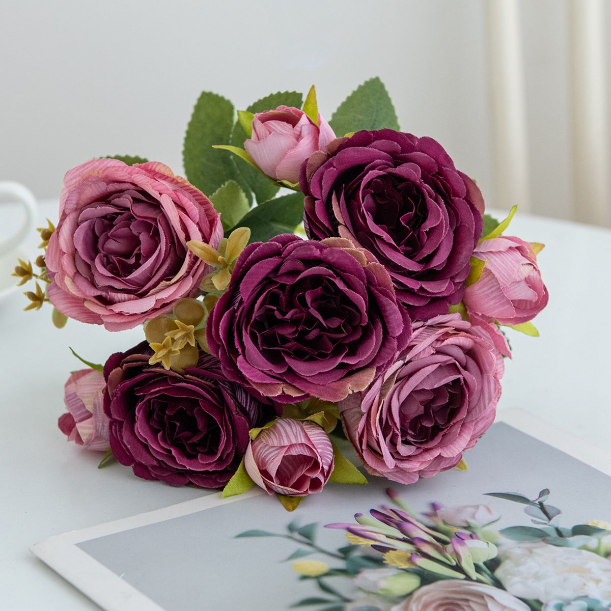 Konstgjord blomma växt pion gör-det-själv jul hem festival fest utomhus trädgård bågdekor bröllop brudbukett: Rosröd