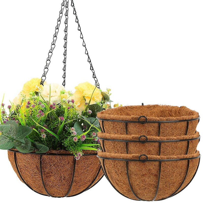 Pots de fleurs suspendus adaptés aux plantes d'intérieur et d'extérieur, en métal avec support doublé de coquille de noix de coco