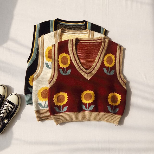 Efterår v-hals ærmeløs vest solsikke farve matchende strik dame sweater harajuku college style pullover kvinde sweater vest