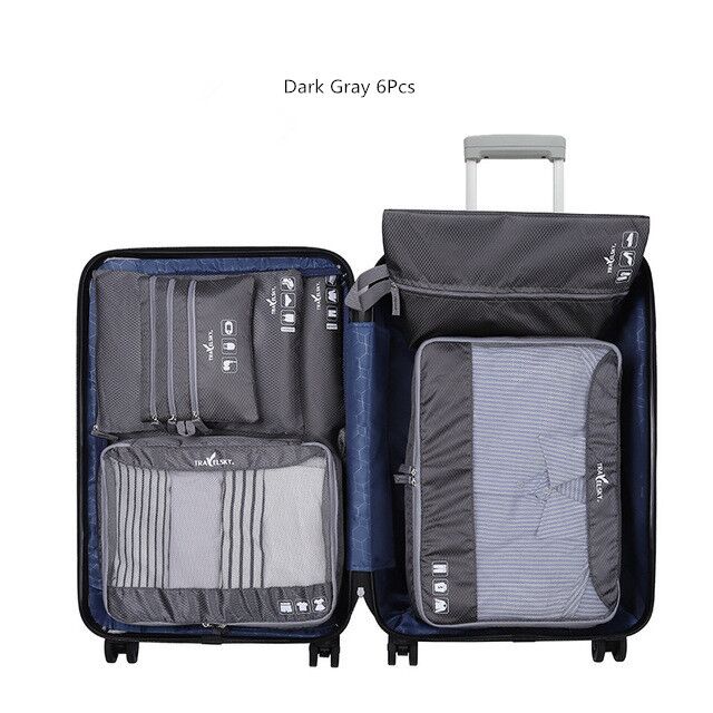 Portable Travel Bags Pouchs Set Storage Bag Suitcase Clothes Cosmetic Organizer Luggage Packing Laundry Accessories Supplies: Dark gray 6 Pcs