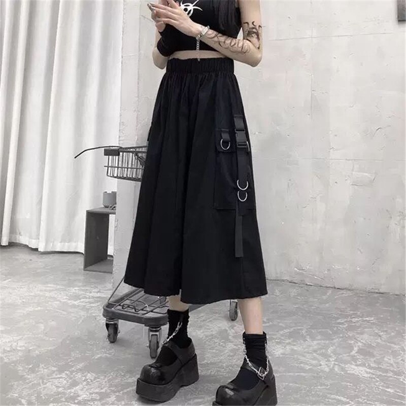 Falda larga de cintura alta para mujer, falda negra con bolsillos laterales y cadena, estilo coreano, ropa informal estilo Hip Hop Harajuku de talla grande