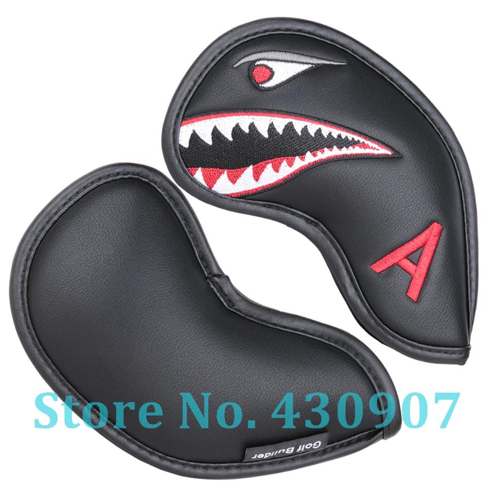 9 stuks/set zwarte pu-lederen golfclubijzerkophoes met haaienborduursel, 4,5,6,7,8,9, stuks