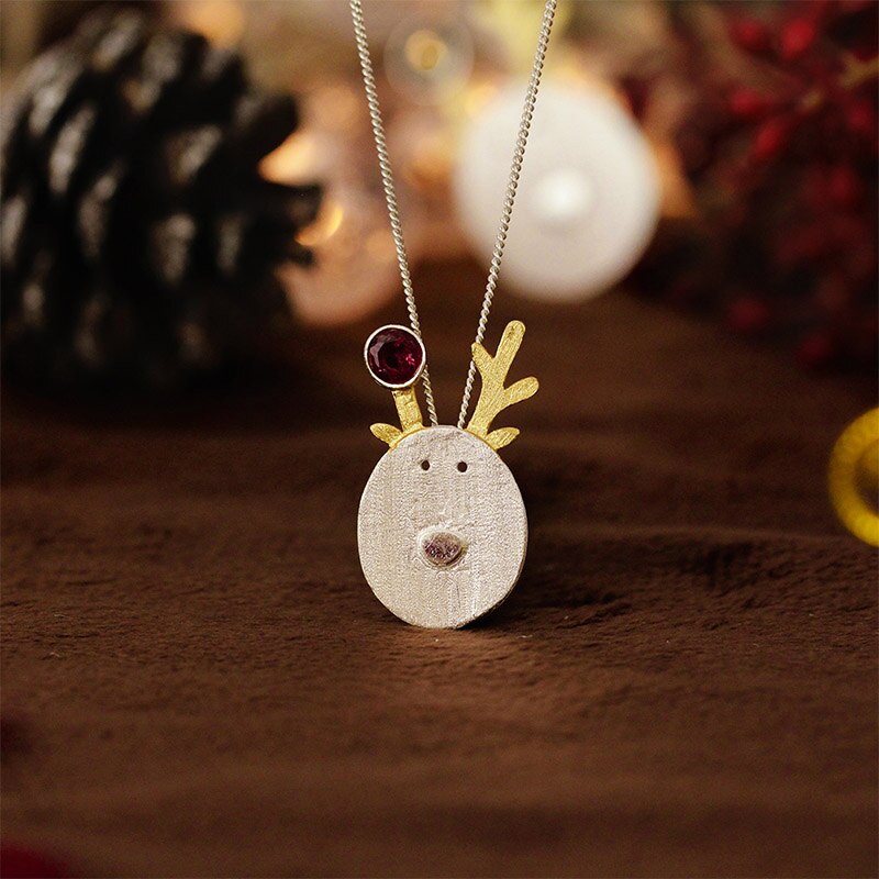 Lotus Fun Real 925 Sterling Silver Natural Handmade Fine Jewelry Christmas Joys Cute Reindeer Pendant without Necklace Best: Small size red