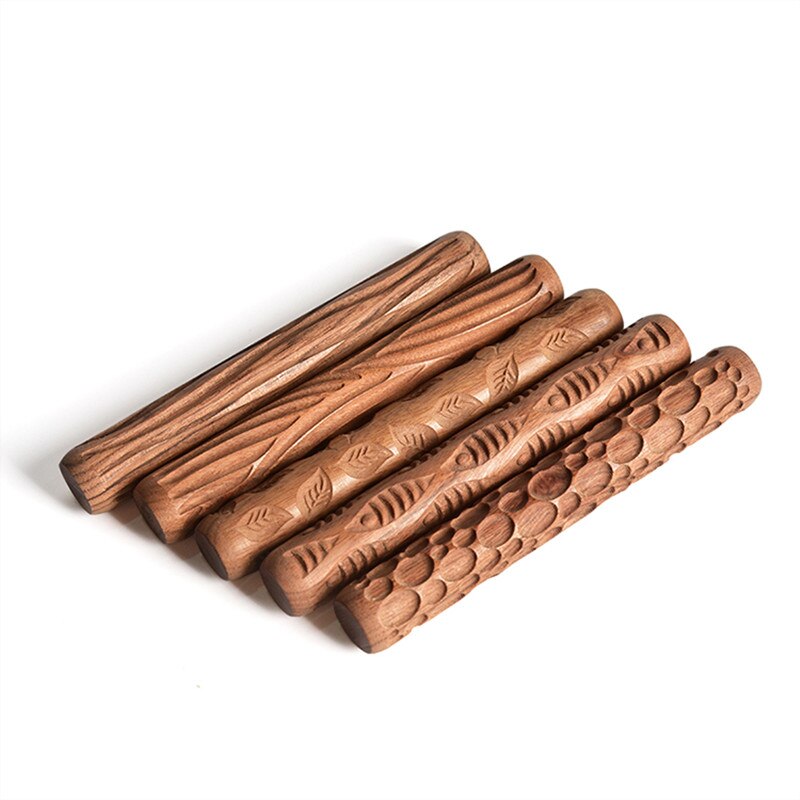 Rodillo de barro con textura de madera, herramientas de cerámica, talla de alfarería, patrón en relieve, varilla en relieve, rollo de barro, 5 uds.