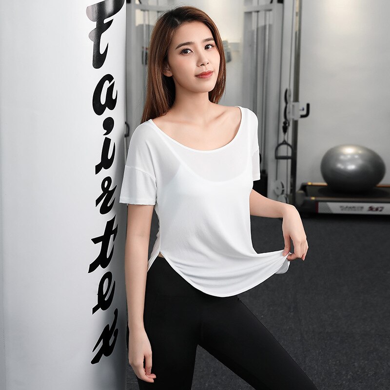Damen-yoga-top, einfarbig, locker geschnitten, atmungsaktives sportshirt für fitnessstudio und laufsport, kurzarm, ideal für workout und fitnesstraining: Weiß / M