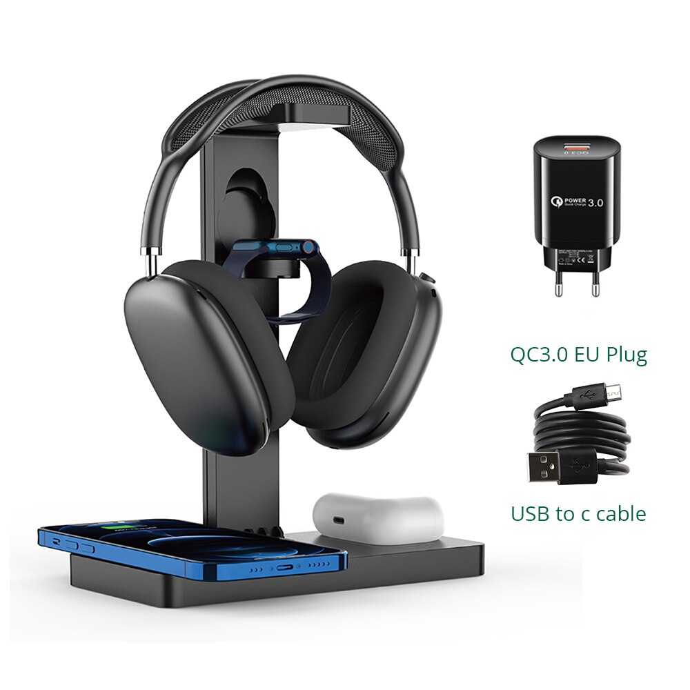 4 in 1 Wireless Charger Stand For Airpods Max iPhone 13 Pro Apple Watch QI Fast Wireless Charging Station For Airpods 2 3: Black EU  Adapter