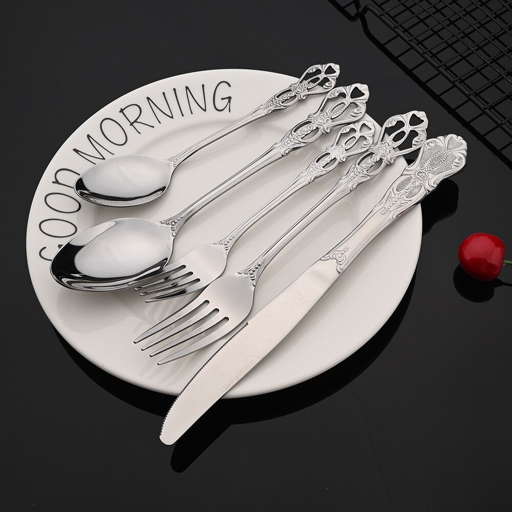 6-24pcs Luxury Wedding Silverware set Silver Dinnerware Knife Fork Tea Spoon Retro Kitchen Flatware Tableware Cutlery Rack Set