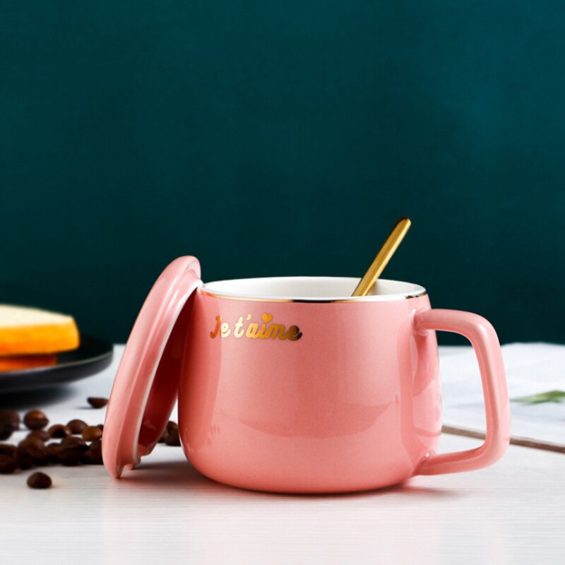 Cute Pink Ceramic Coffee Mugs with Cover Lid Spoon Porcelain Handle Milk Tea Girl Student Cup Lovers Teacup Mug 250ML