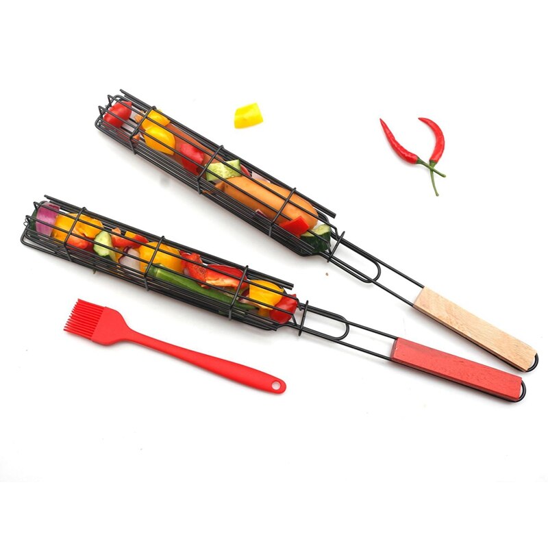Portable BBQ Grill Basket Handheld Metal Barbecue Tool For sausage Corn sausage With Wood Handle Non-Stick BBQ Holder
