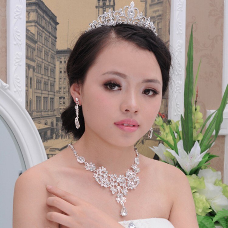 Ensembles de bijoux de mariée en cristal noble, ensemble de bijoux de mariage plaqué argent, collier diadème, boucles d'oreilles pour mariées, accessoires pour cheveux