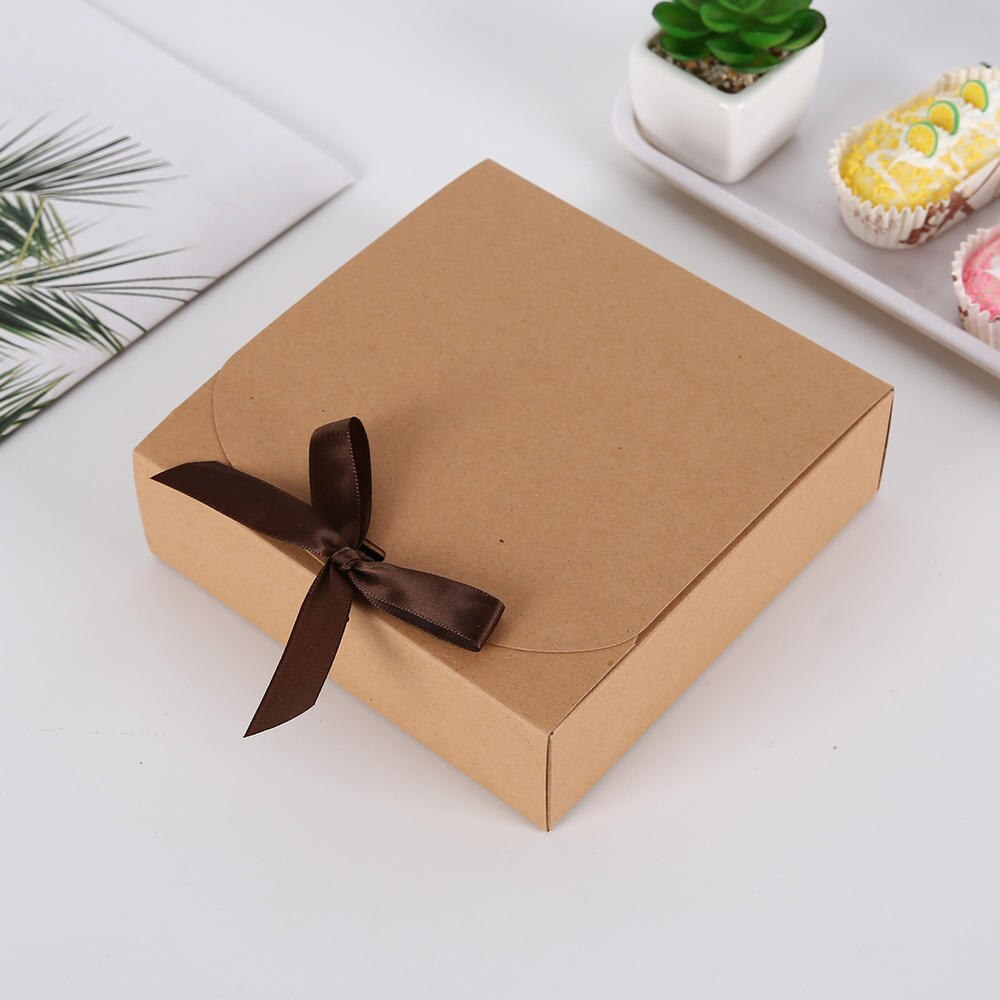 Retro Kraft Paper Box Square Cardboard Package Candy Storage Boxes Diy Birthday Party Wedding Favor Box With Ribbons