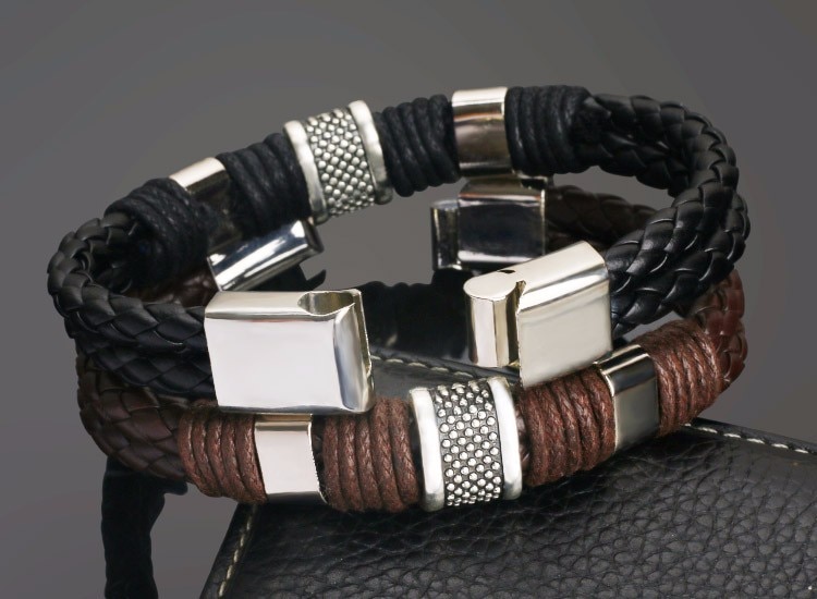 Black Men PU Leather 1PC Punk Boys Unique Zinc Alloy Weave Knit Brown charm Bracelet
