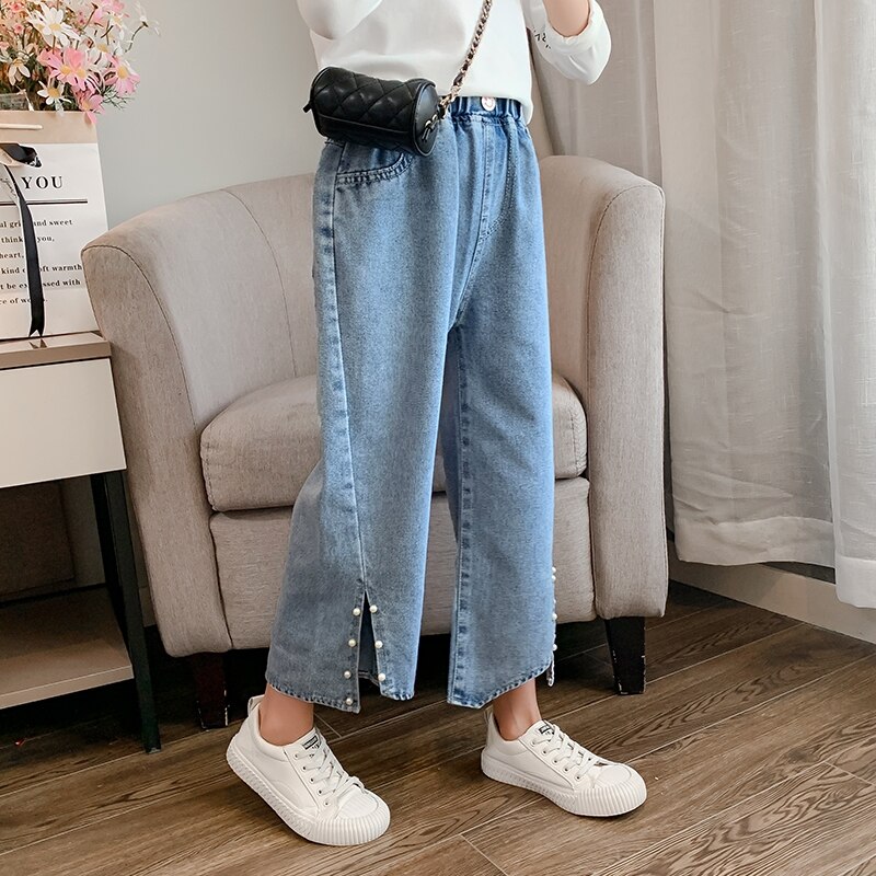 Süße freundlicher Jeans Mädchen Hosen Asymmetrie Perle schlitz breite bein Jeans freundlicher Kleidung Für 3 4 5 6 7 8 9 10 11 12 13 jahre Mädchen Jeans