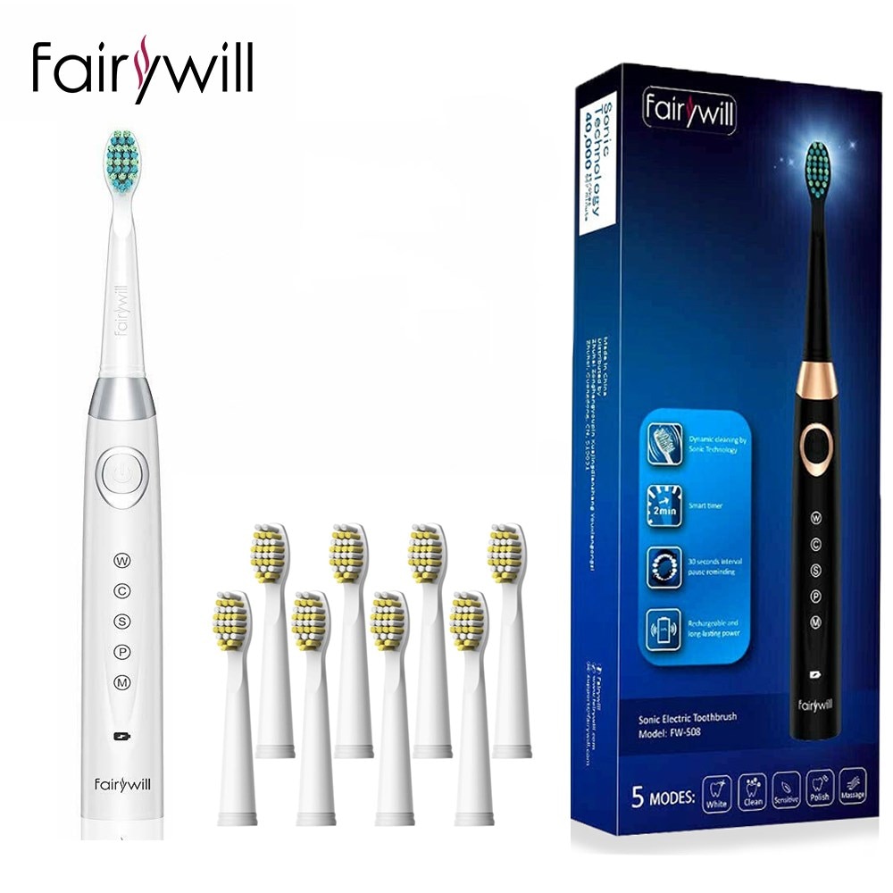 Fairywill Sonic brosse à dents électrique adulte USB Rechargeable étanche 5 minuterie intelligente 3 têtes de brosse à dents de remplacement FW508