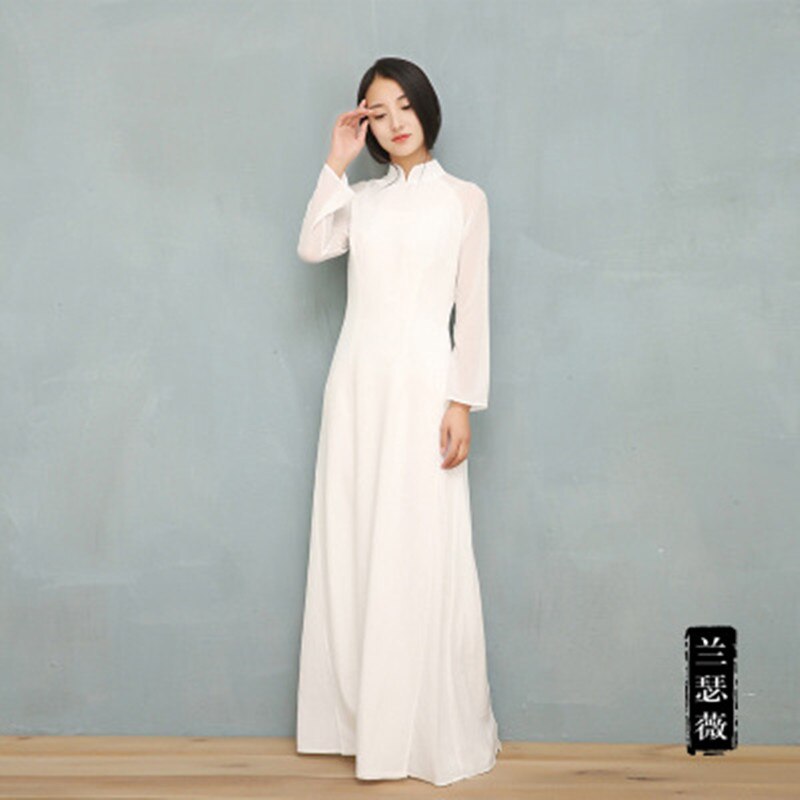 Vietnam Ao Dai Wit Solid Chiffon Perspectief Jurk Voor Vrouw Chinese Cheongsams Volledige Mouw Vrouwelijke Oosterse Jurk RB85