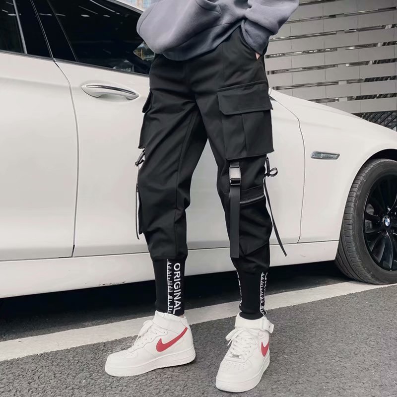 Stilig japansk harajuku streetwear bukse for menn båndlommer cargo joggers techwear menns bukser hip hop