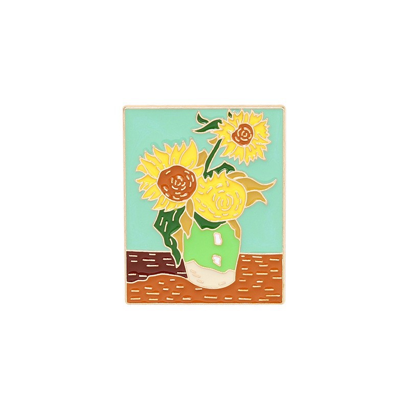 Pintura al óleo de cielo estrellado, girasol, chica, geométrico de metal, insignias, broche, alfileres de esmalte, etiqueta, bolsa, mochila, sombrero, de joyería: Rodio plateado