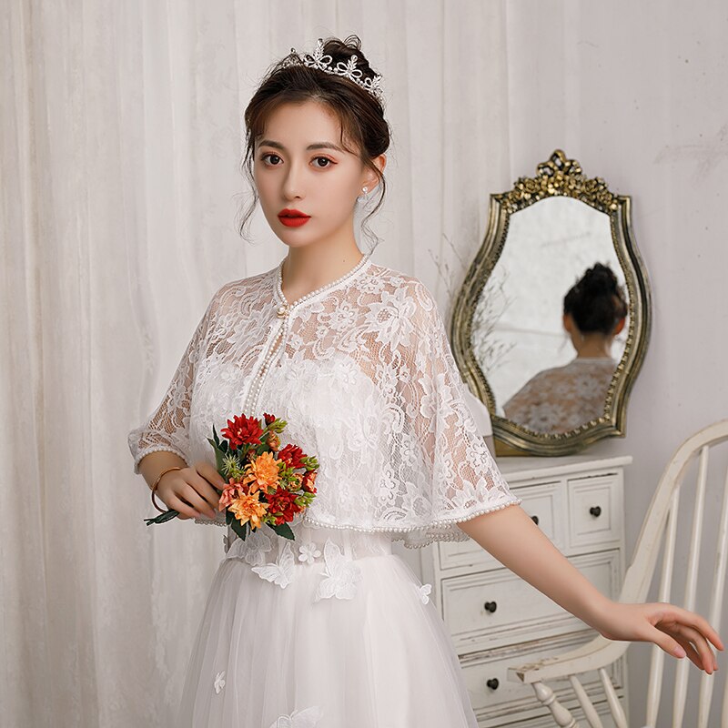 Women Lace Jacket Evening Wraps Bridal Wedding Party Bolero Pears Beaded With Brooch: white