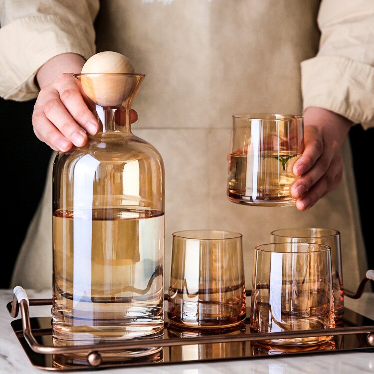 Teapot, Kettle, Cold Water, Glass Carafe, Water Ware, Juice Glass, Whiskey Glass Set: amber 5pcs
