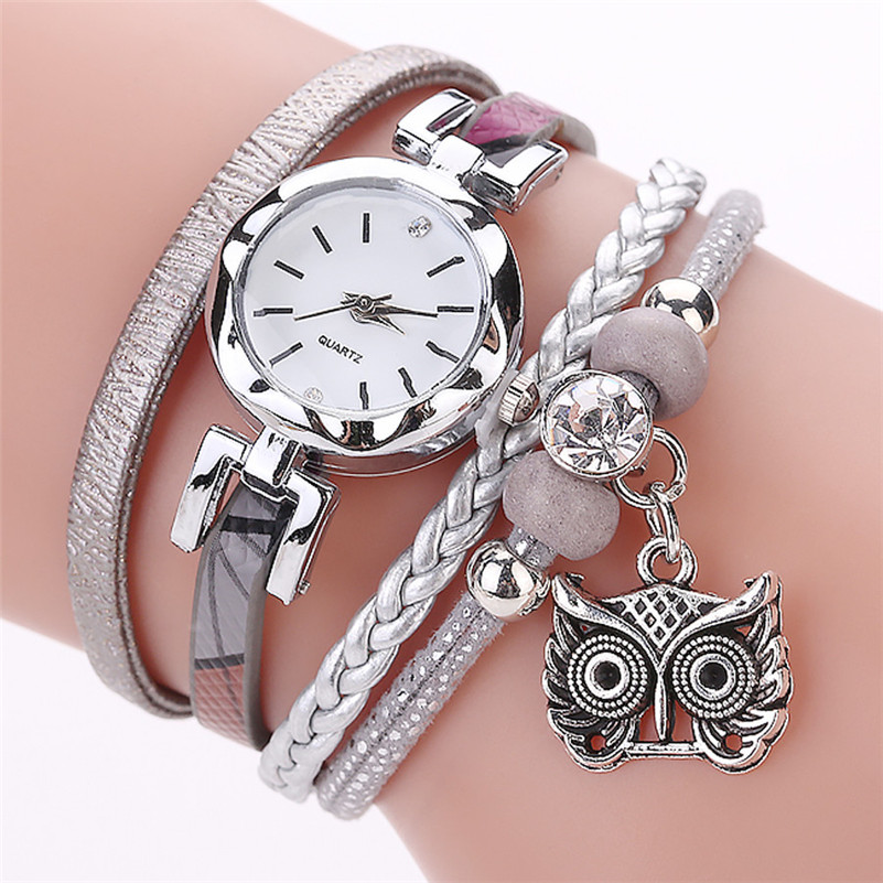 Mode Vrouwen Meisje Horloges Uil Hanger Armband Dames Jurk Horloge Lederen Band Quartz Horloge Luxe Casual Klok Relogio # c: Gray