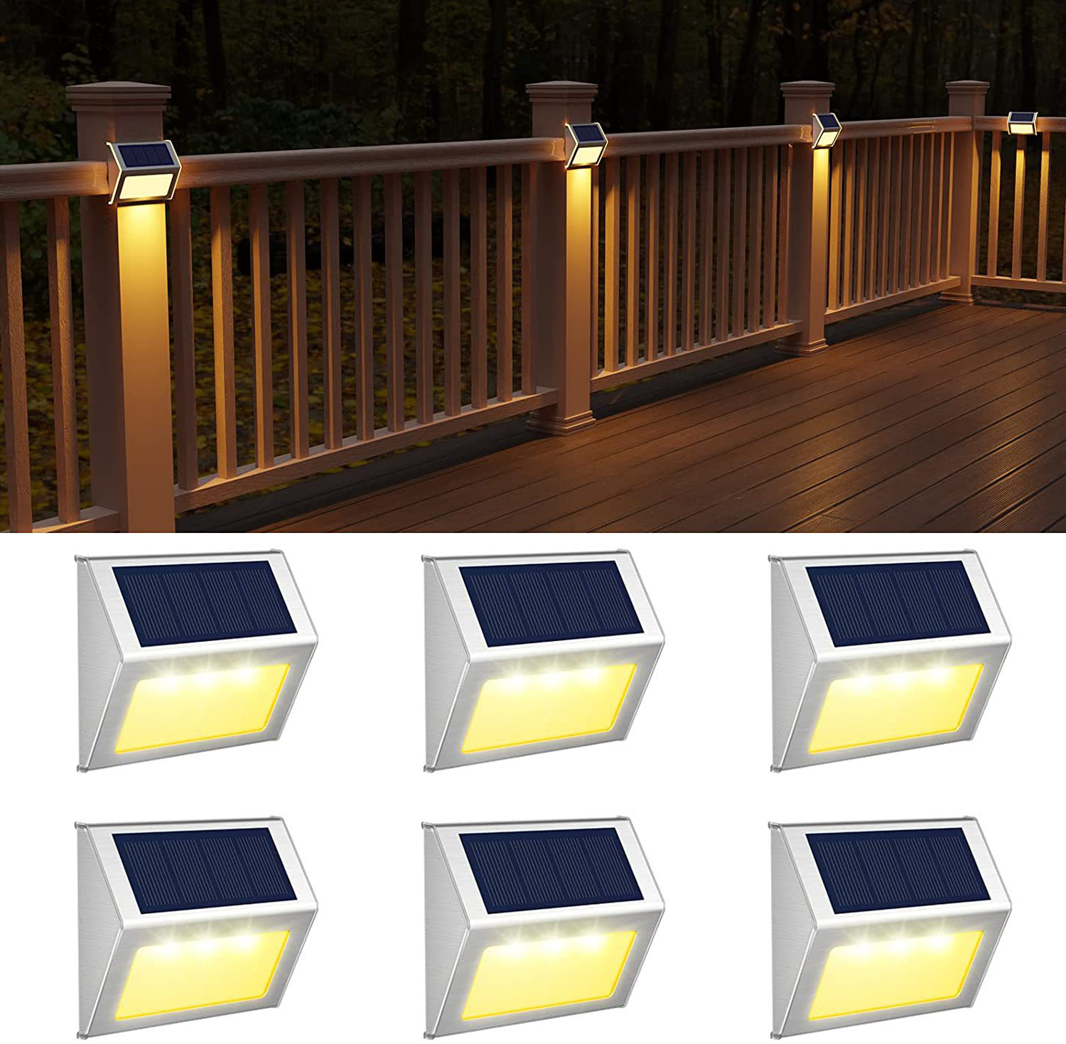 1/6/12 Pack Led Solar Outdoor Stainless Steel Step Lights, Fence Lights, Stainless Steel Wall Lights, Courtyard Deck Lights, Suitable for Terraces, Steps, Walkway, Fences: light yellow