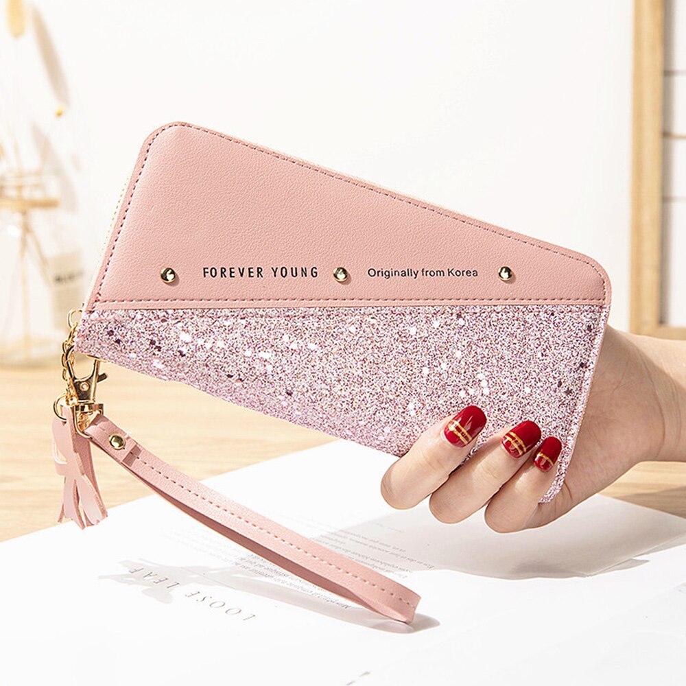 Sequined Patchwork Glitter Wallet for Women PU Leather Long Wallet Coin Purse Female Wallets Girls: A-Pink