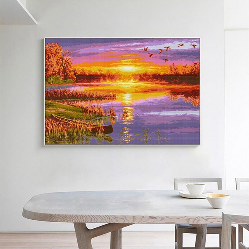 Cross Stitch Stamped Kits 14CT Printed Embroidery Cloth Needlepoint Kits Easy Patterns for Autumn Sunset