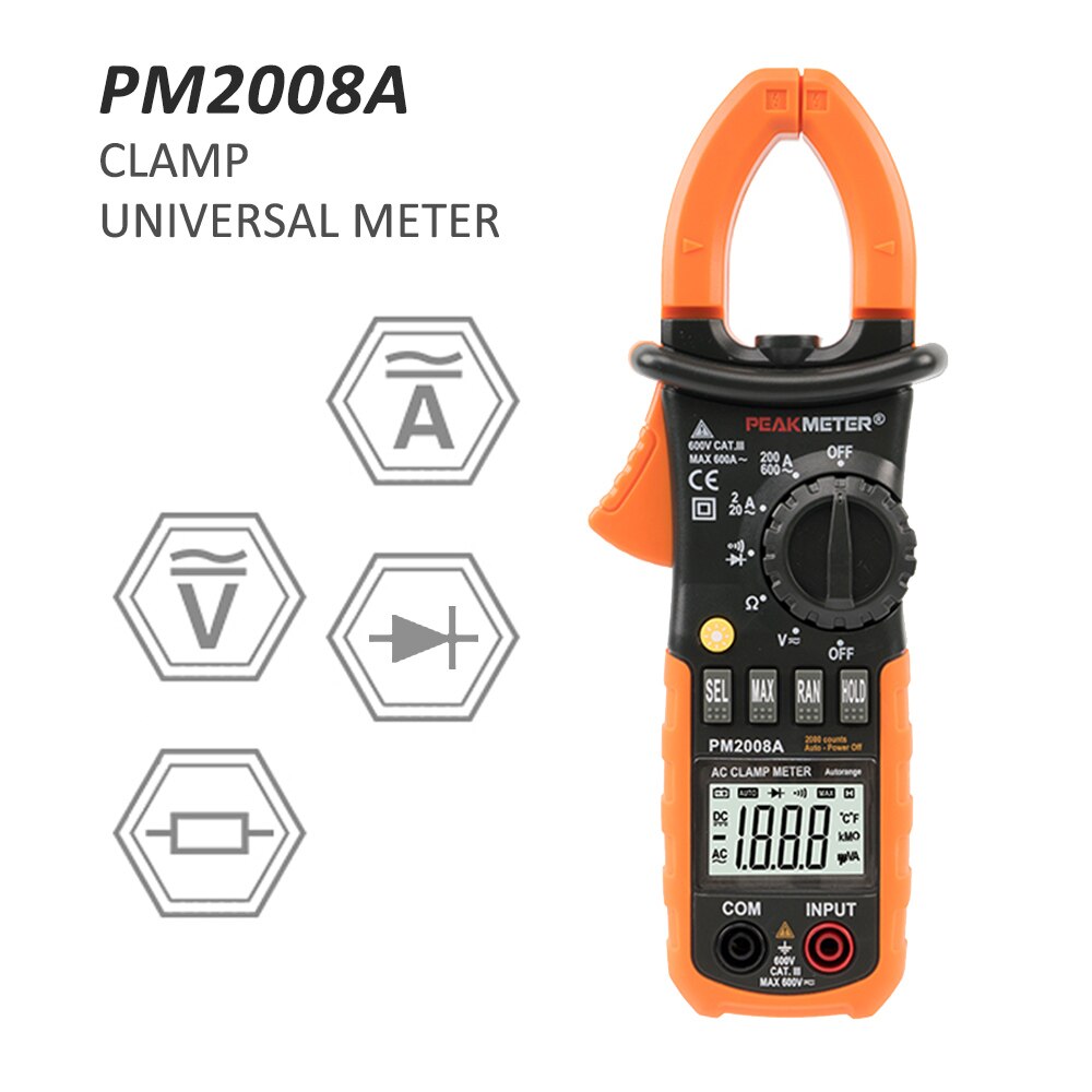 PEAKMETER PM2008A Digital Clamp Meters Auto Range Clamp Meter Ammeter Voltmeter Ohmmeter W/ LCD Backlight Current Voltage Tester