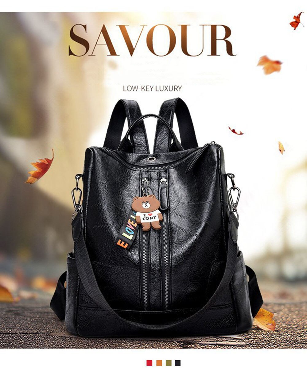 Vandtæt pu læder dametaske kvindelige ungdomsrejserygsække multifunktionel skoletaske feminina skole mochila -pakke: Sort