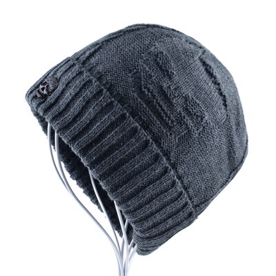 Super kule hodeskalle mønster luer for menn strikket ull pluss fløyels bein ensfarget hip-hop lue vinter dame lue gorro cap: Grå