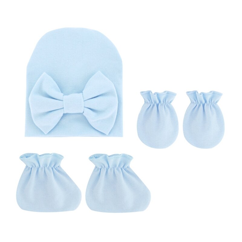 Baby Strik Hoed Geen Kras Handschoenen Voet Cover Set Zuigelingen Zachte Katoenen Wanten D5QA: Blue