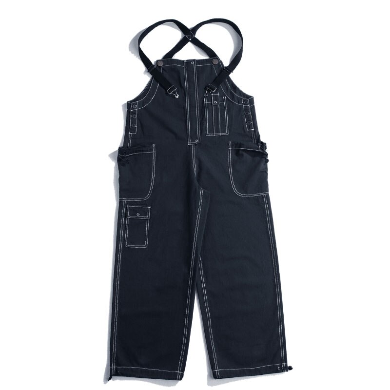 Men's Bib Overalls Loose Pant Navy Blue Solid Color Casual Japan Style Man Army Green Jumpsuits Rompers: L / Dark Blue