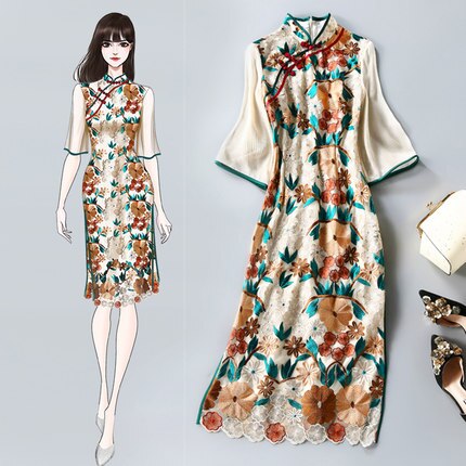 Mandarin collar embroidery party vintage luxury cheongsam dress