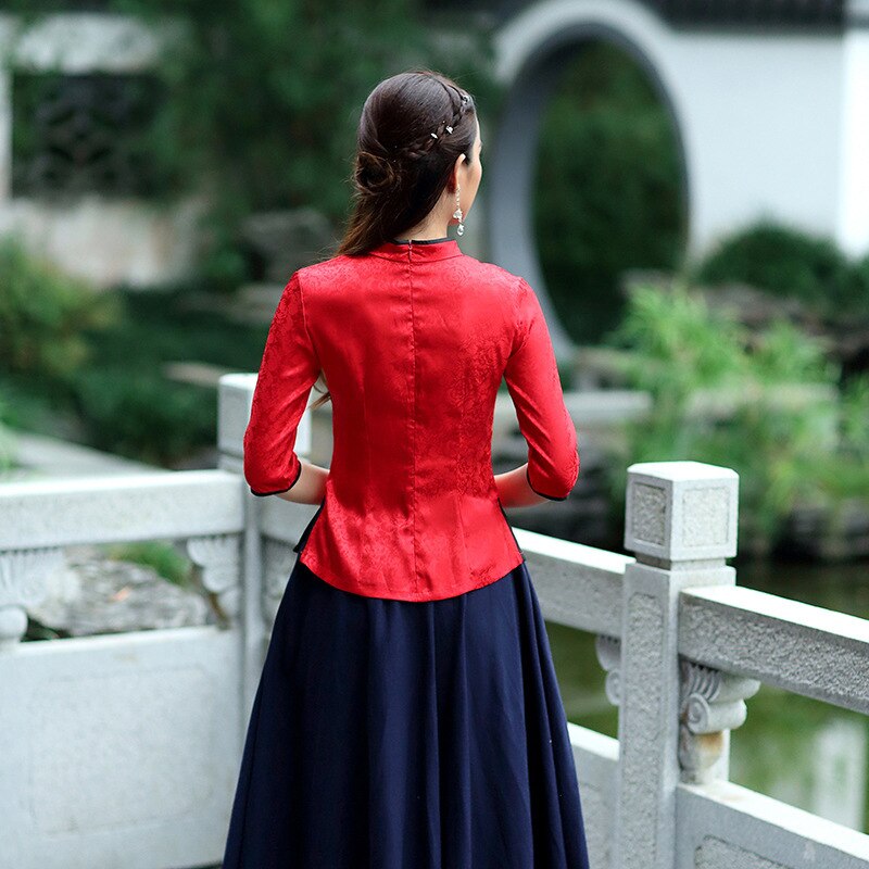 Chinese Tops Blouse Tang Ancient Chinese Style Seven Sleeve Cheongsam Shirts Jacket Tea Service Chinese Clothing Store Plus Size