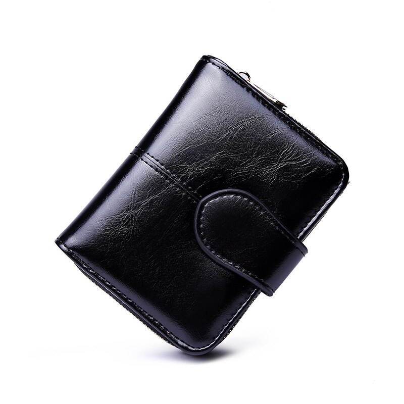 Short Wallet Female Waxed Leather Retro Coin Purse Hasp Coin Bag Student Wallet: Black