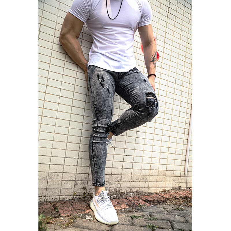 Mens Skinny Ripped Jeans Gym Super Stretch Fitness Jean Men Muscle Joggers Pencil Pants