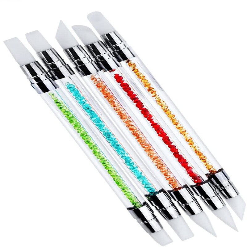 5Pcs 2 Way Nail Art Sculpture Pen Silicone Rhinestone Polish Emboss Carving Drawing Handle Nail Art Brush Manicure Tool Set