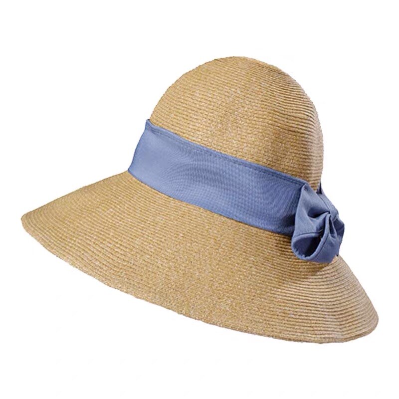 Zomer Strohoed Vrouwen Grote Wide Brim Strik Strand Zon Hoeden Opvouwbare Zonnebrandcrème Anti-Uv Panama Hoed Chapeu Feminino: Blue