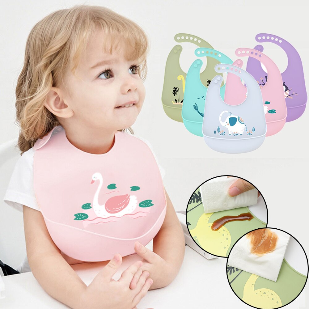 Baby Lätzchen Weichen Silikon Kleinkind Fütterung Lätzchen Wasserdichte Kleinkind Zeug Solide Karikatur Dinosaurier Druck Mädchen Junge Einstellbare Spucktücher
