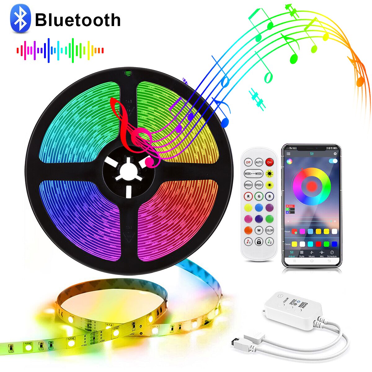 Bluetooth Smart Home LED Strip Lights Music Sync RGB Tape Built-in Mic IR Remote App Control Smart Lamp Ribbon For Kitchen TV