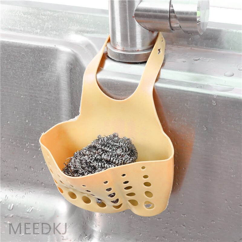 1pcs kitchen rack faucet sponge drain rack hanging adjustable snap button hanging bag sink storage hanging basket: yellow