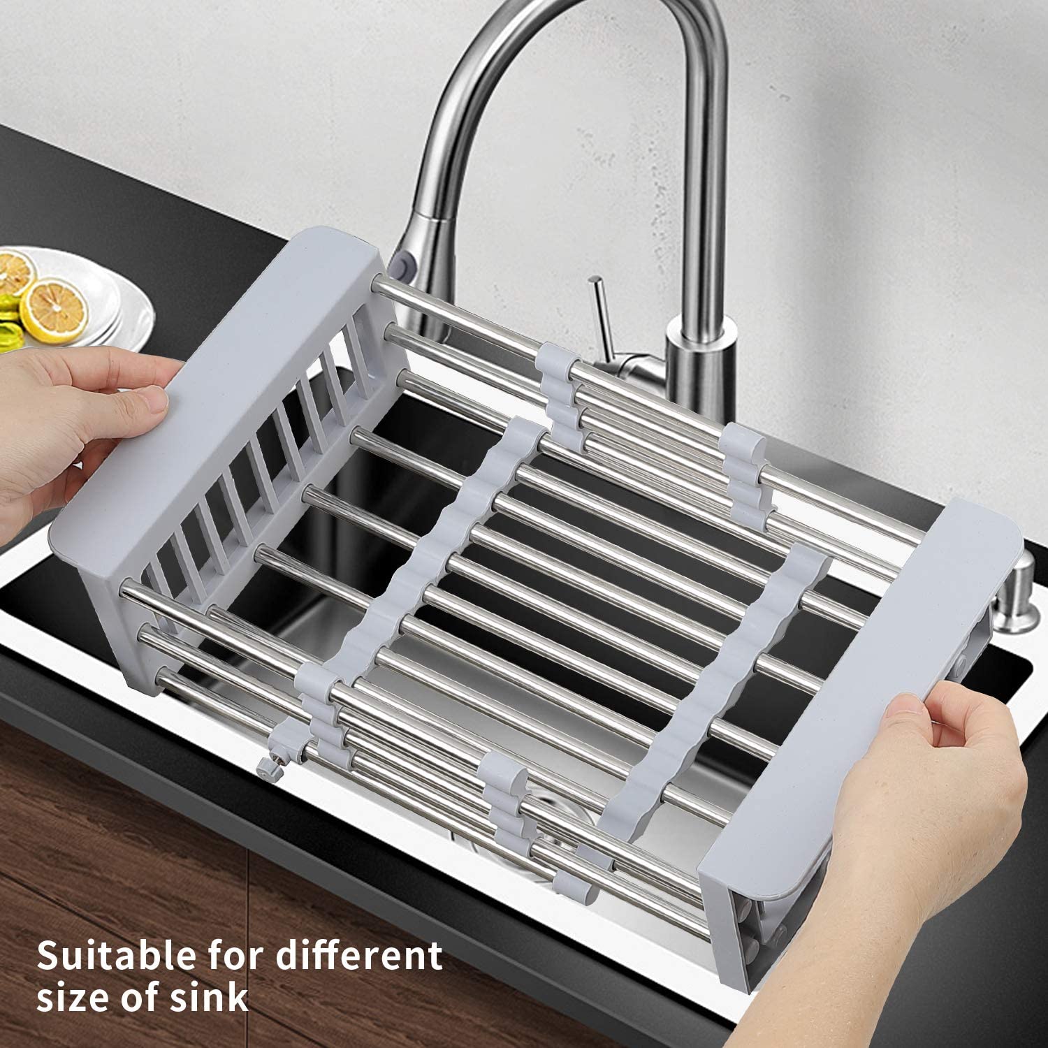 Adjustable Sink Drainer Basket Stainless Steel Kitchen Dish Drying Rack Over Sink Storage For Vegetable Tray Drainer Organizer